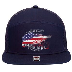 Just Enjoy The Ride Motorcycle Usa Flag Distressed Retro 7 Panel Mesh Trucker Snapback Hat