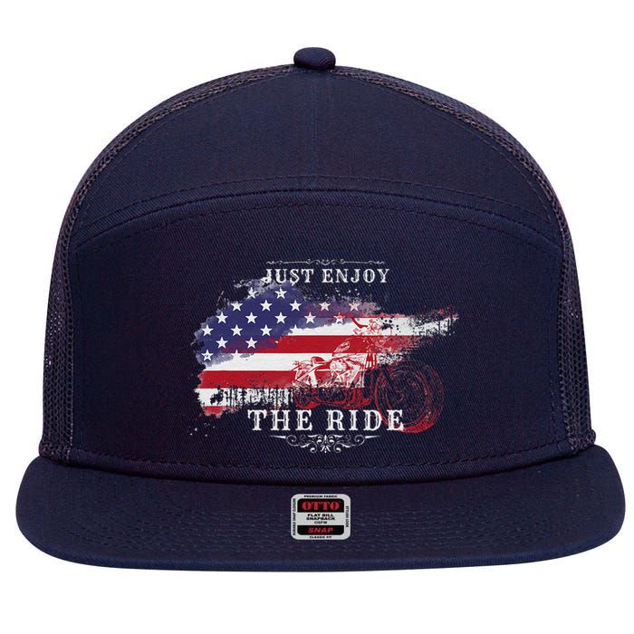 Just Enjoy The Ride Motorcycle Usa Flag Distressed Retro 7 Panel Mesh Trucker Snapback Hat