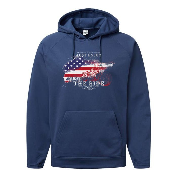 Just Enjoy The Ride Motorcycle Usa Flag Distressed Retro Performance Fleece Hoodie