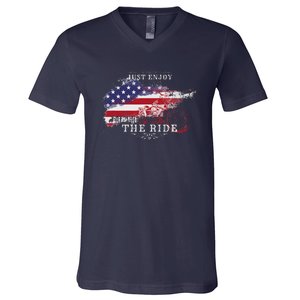 Just Enjoy The Ride Motorcycle Usa Flag Distressed Retro V-Neck T-Shirt