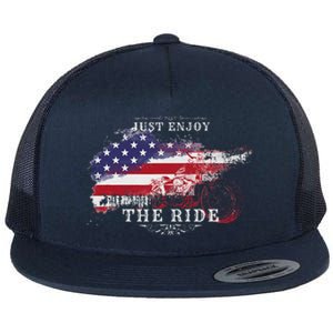 Just Enjoy The Ride Motorcycle Usa Flag Distressed Retro Flat Bill Trucker Hat