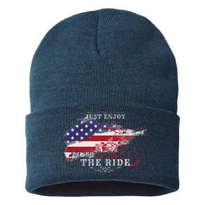 Just Enjoy The Ride Motorcycle Usa Flag Distressed Retro Sustainable Knit Beanie