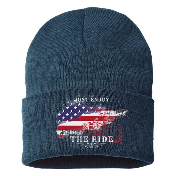 Just Enjoy The Ride Motorcycle Usa Flag Distressed Retro Sustainable Knit Beanie