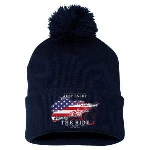 Just Enjoy The Ride Motorcycle Usa Flag Distressed Retro Pom Pom 12in Knit Beanie