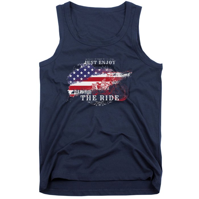 Just Enjoy The Ride Motorcycle Usa Flag Distressed Retro Tank Top