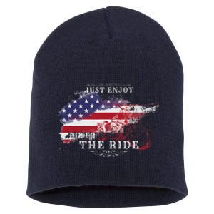 Just Enjoy The Ride Motorcycle Usa Flag Distressed Retro Short Acrylic Beanie