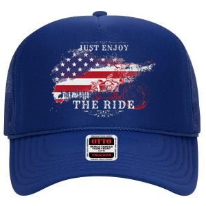 Just Enjoy The Ride Motorcycle Usa Flag Distressed Retro High Crown Mesh Back Trucker Hat