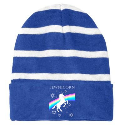 Jewnicorn Funny Hanukkah Unicorn Striped Beanie with Solid Band