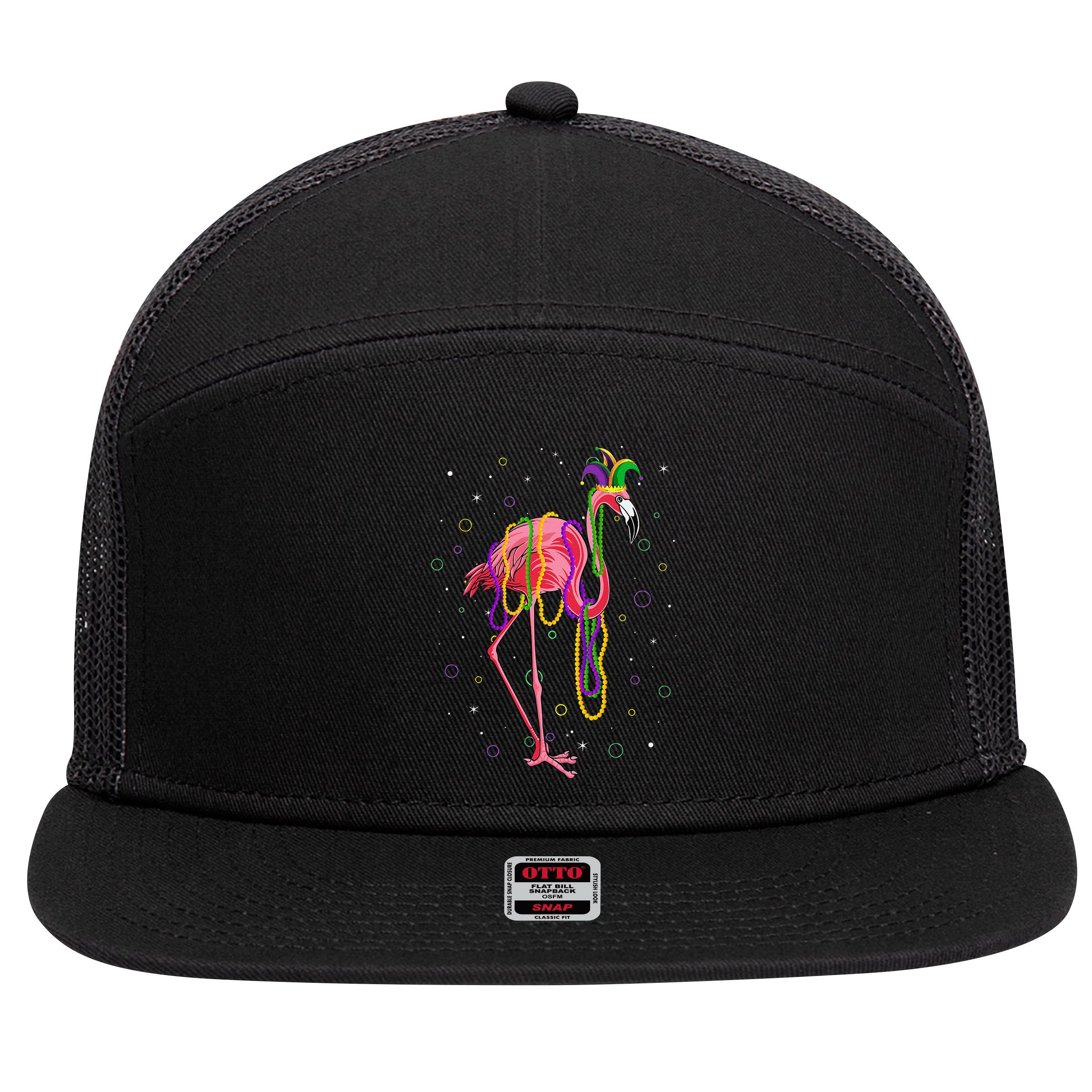 Jester Flamingo & Beads Mardi Gras Fat Tuesday Parade 7 Panel Mesh Trucker Snapback Hat