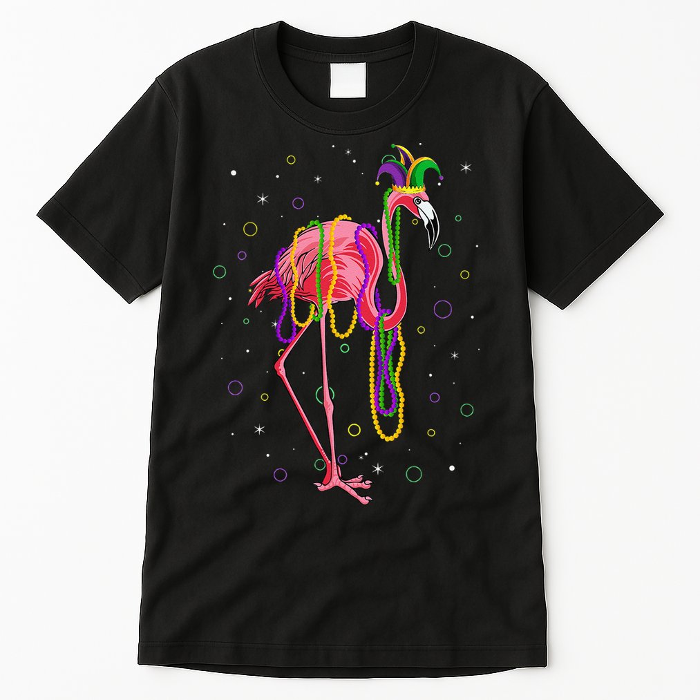 Jester Flamingo & Beads Mardi Gras Fat Tuesday Parade Tall T-Shirt