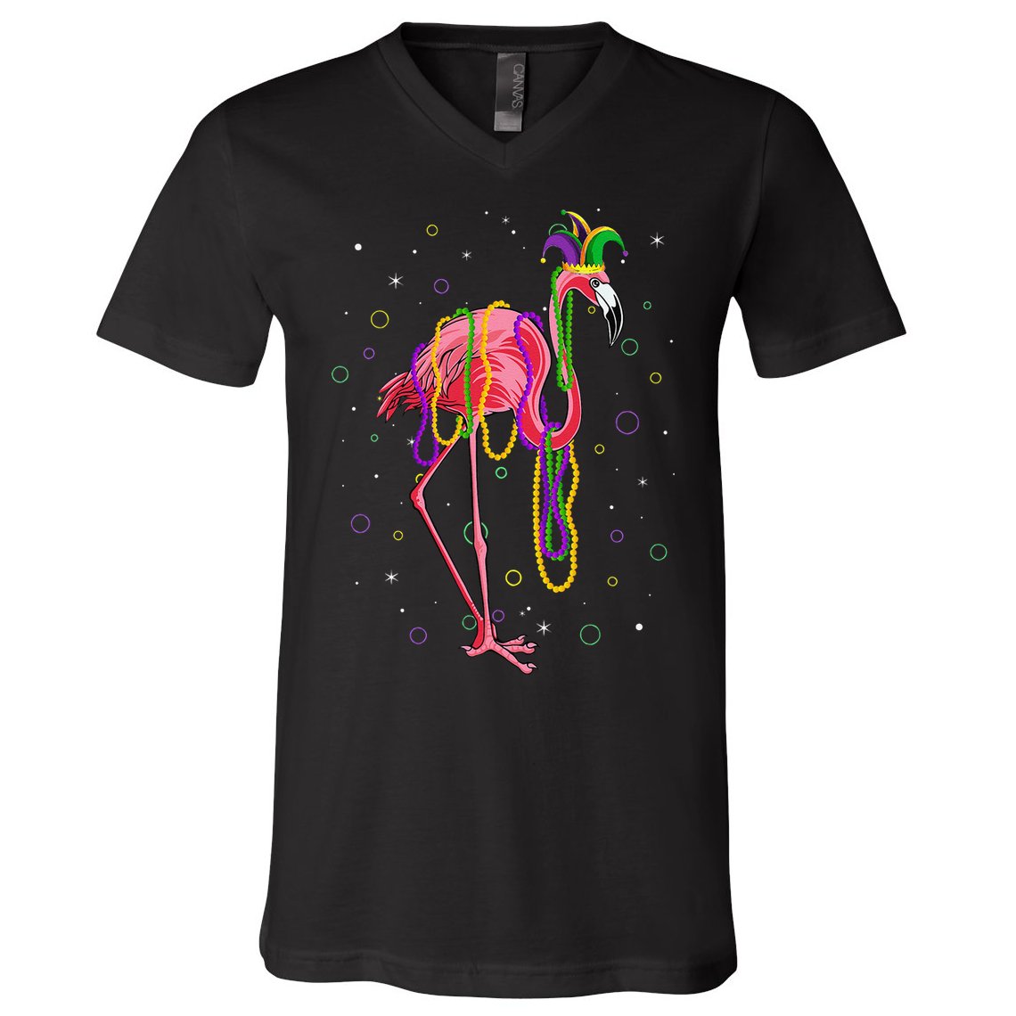 Jester Flamingo & Beads Mardi Gras Fat Tuesday Parade V-Neck T-Shirt