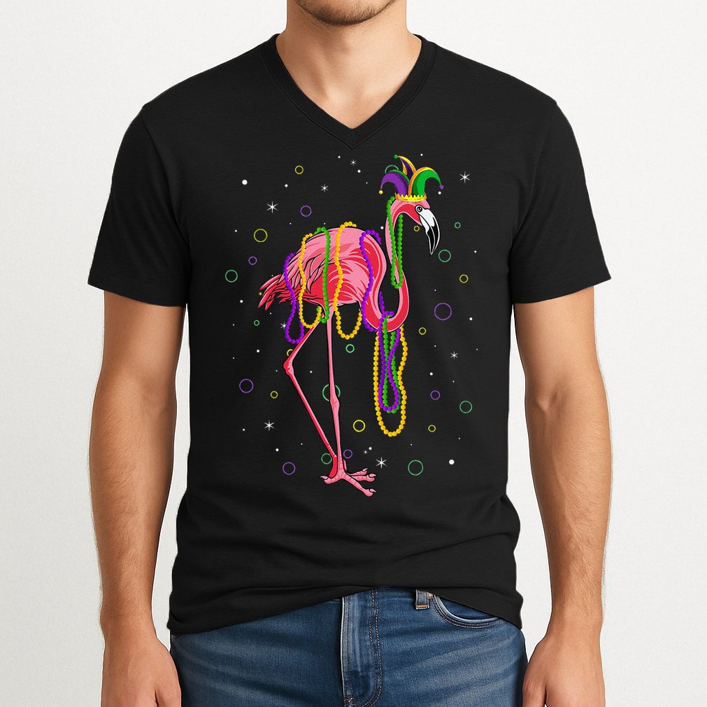 Jester Flamingo & Beads Mardi Gras Fat Tuesday Parade V-Neck T-Shirt