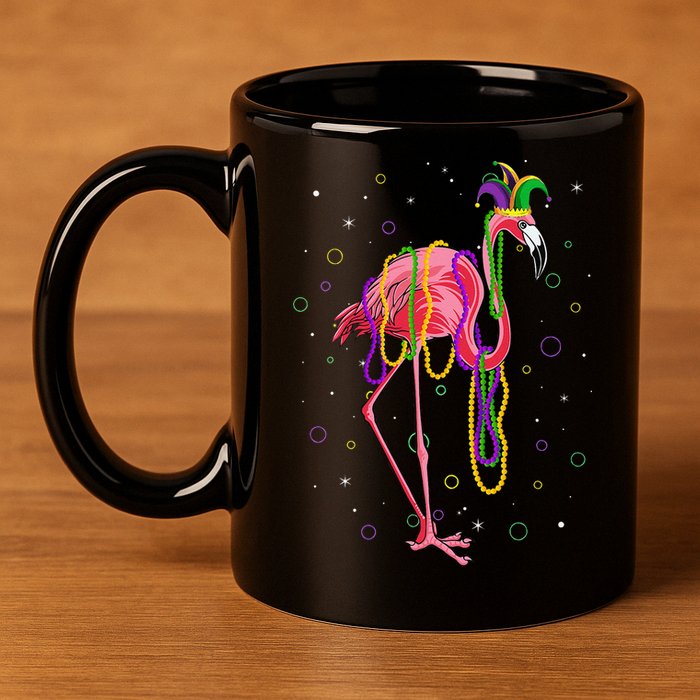Jester Flamingo & Beads Mardi Gras Fat Tuesday Parade 11oz C Handle Ceramic Mug