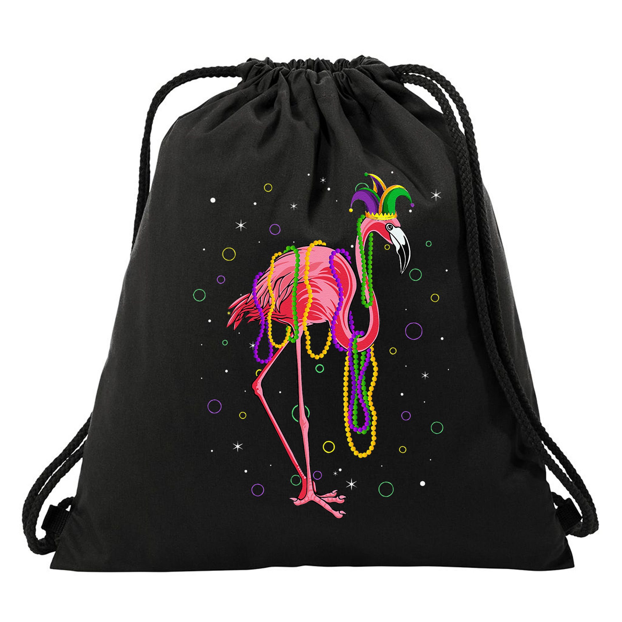 Jester Flamingo & Beads Mardi Gras Fat Tuesday Parade Drawstring Bag