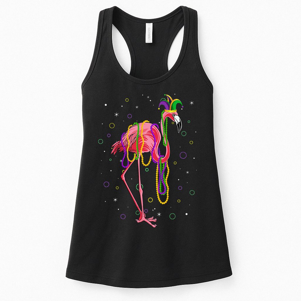 Jester Flamingo & Beads Mardi Gras Fat Tuesday Parade Womens Tank Top