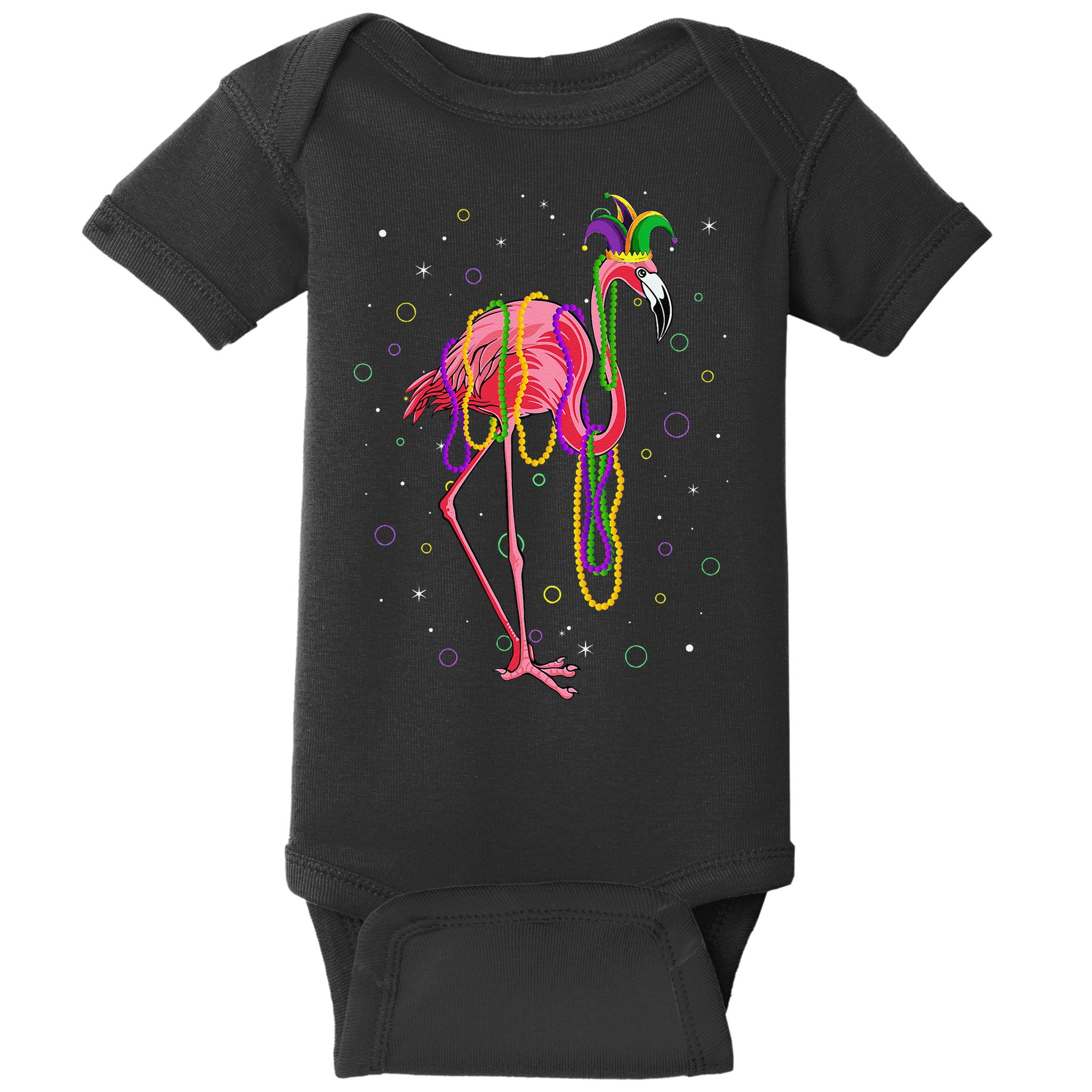 Jester Flamingo & Beads Mardi Gras Fat Tuesday Parade Baby Bodysuit