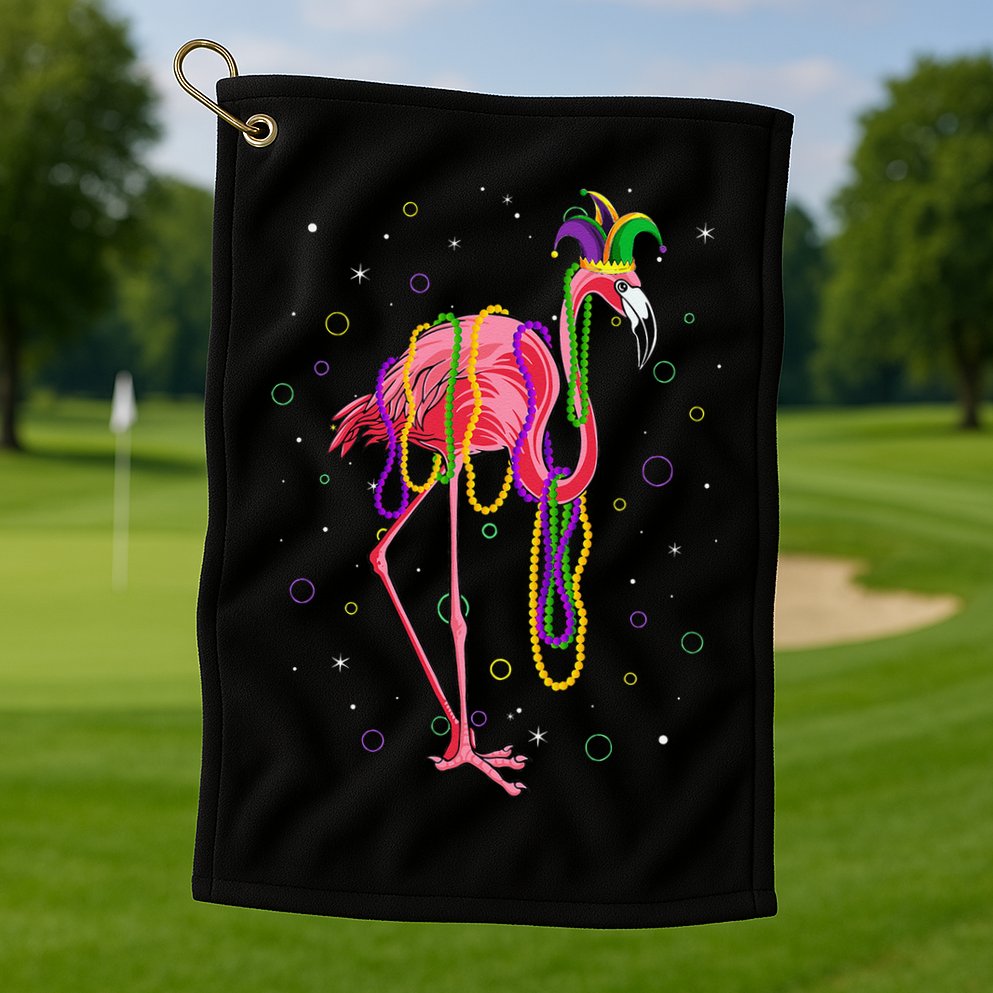 Jester Flamingo & Beads Mardi Gras Fat Tuesday Parade Golf Towel