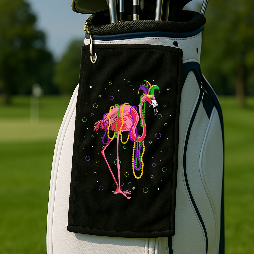 Jester Flamingo & Beads Mardi Gras Fat Tuesday Parade Golf Towel