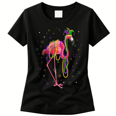 Jester Flamingo & Beads Mardi Gras Fat Tuesday Parade Womens T-Shirt