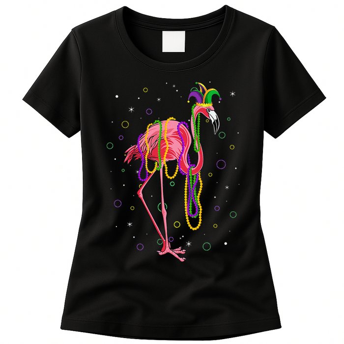 Jester Flamingo & Beads Mardi Gras Fat Tuesday Parade Womens T-Shirt