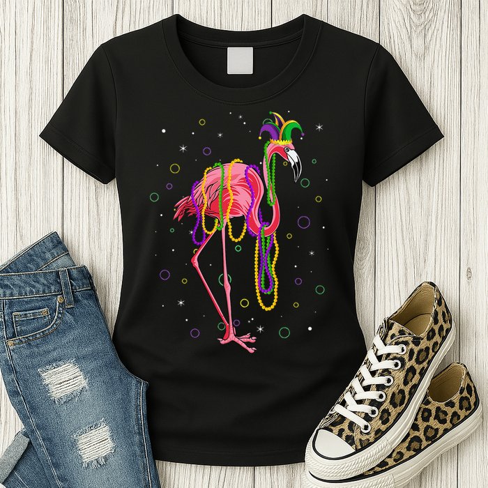 Jester Flamingo & Beads Mardi Gras Fat Tuesday Parade Womens T-Shirt