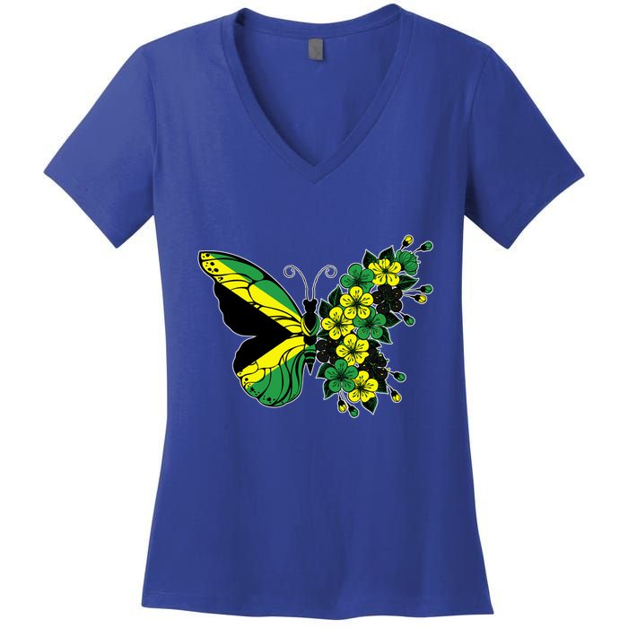 Jamaican Flag Butterfly Gift Jamaica Patriotic Great Gift Women's V-Neck T-Shirt