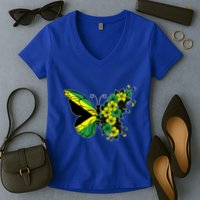 Jamaican Flag Butterfly Gift Jamaica Patriotic Great Gift Women's V-Neck T-Shirt