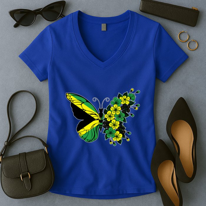 Jamaican Flag Butterfly Gift Jamaica Patriotic Great Gift Women's V-Neck T-Shirt