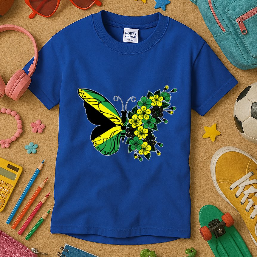 Jamaican Flag Butterfly Gift Jamaica Patriotic Great Gift Kids T-Shirt