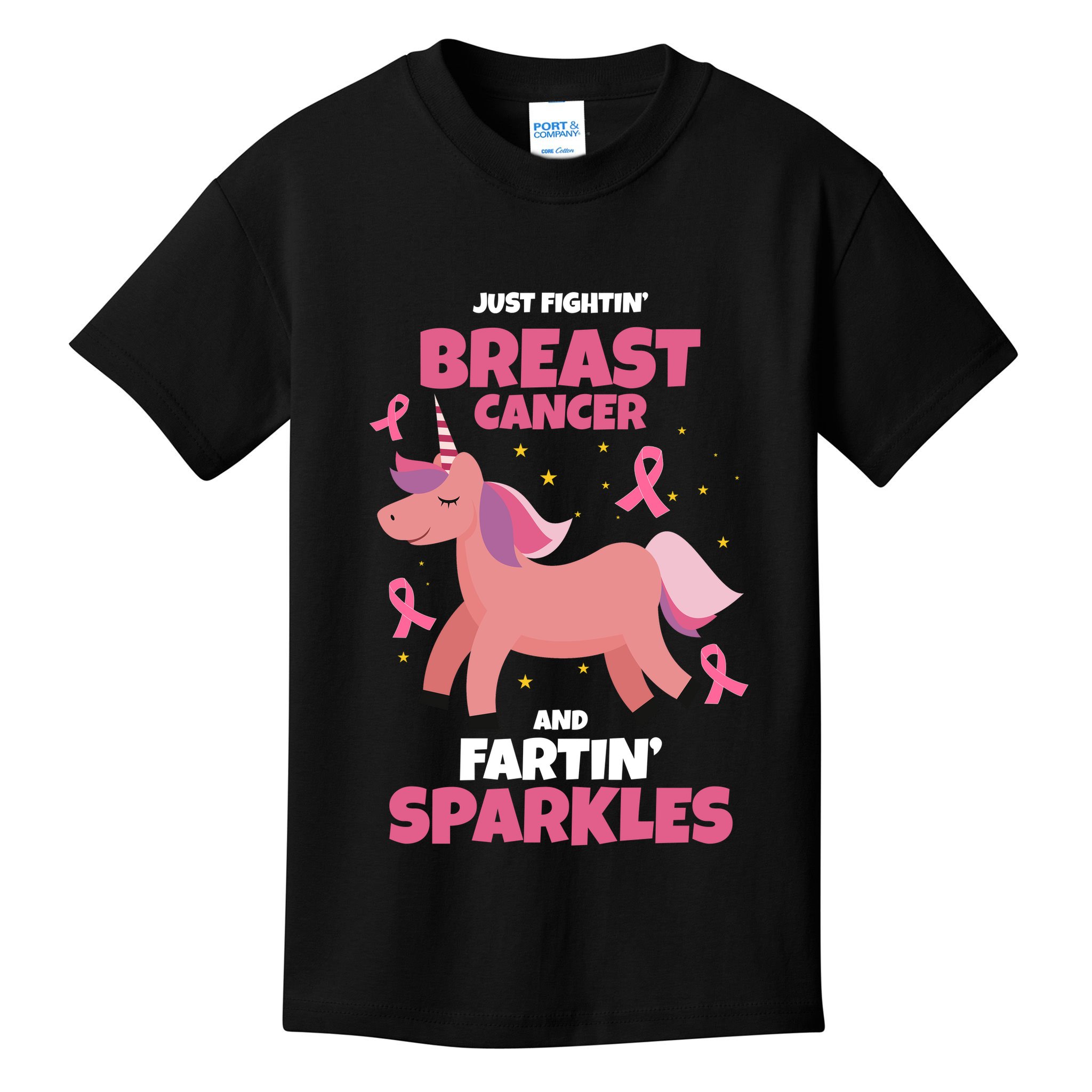 Just Fightin Breast Cancer And Fartin Sparkles Unicorn Funny Kids T-Shirt