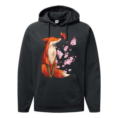 Japanese Fox Cherry Blossom Flower Sakura Trees Kawaii Performance Fleece Hoodie