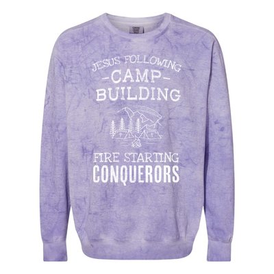 Jesus Following Camp Building Fire Starting Conquerors Based On Joshua 1:9 Colorblast Crewneck Sweatshirt