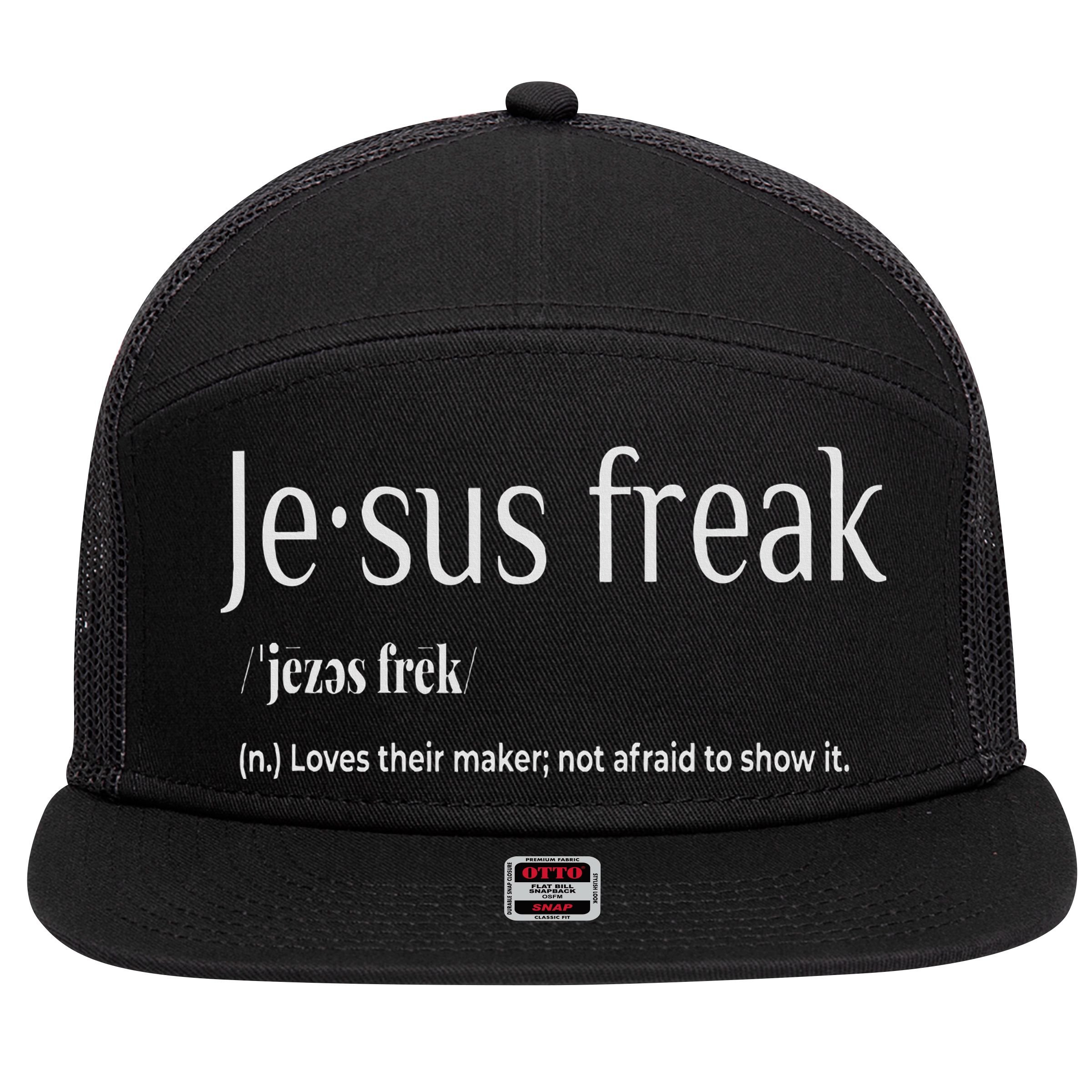 Jesus Freak Funny Christian Calligraphy Faith In God 7 Panel Mesh Trucker Snapback Hat