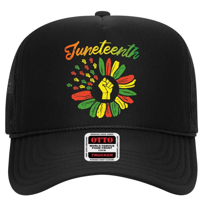 Juneteenth Flag Fist Daisy 1865 Black Pride African High Crown Mesh Back Trucker Hat