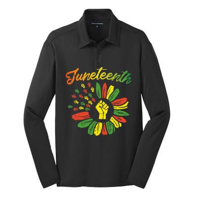 Juneteenth Flag Fist Daisy 1865 Black Pride African Silk Touch Performance Long Sleeve Polo