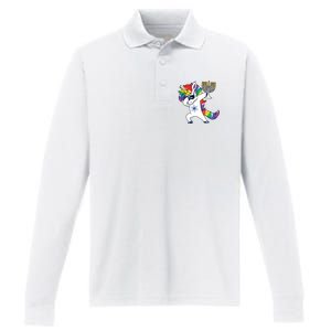 Jewnicorn Funny Hanukkah Unicorn Dabbing Unicorn Performance Long Sleeve Polo