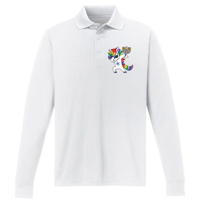 Jewnicorn Funny Hanukkah Unicorn Dabbing Unicorn Performance Long Sleeve Polo