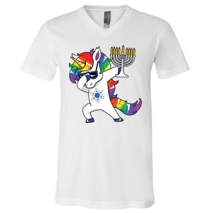 Jewnicorn Funny Hanukkah Unicorn Dabbing Unicorn V-Neck T-Shirt