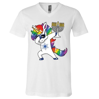 Jewnicorn Funny Hanukkah Unicorn Dabbing Unicorn V-Neck T-Shirt