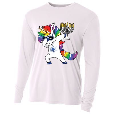 Jewnicorn Funny Hanukkah Unicorn Dabbing Unicorn Cooling Performance Long Sleeve Crew