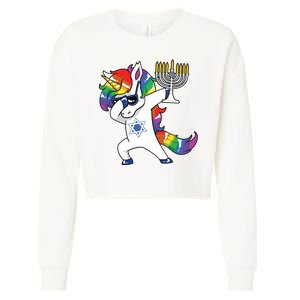 Jewnicorn Funny Hanukkah Unicorn Dabbing Unicorn Cropped Pullover Crew