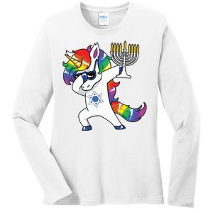 Jewnicorn Funny Hanukkah Unicorn Dabbing Unicorn Ladies Long Sleeve Shirt