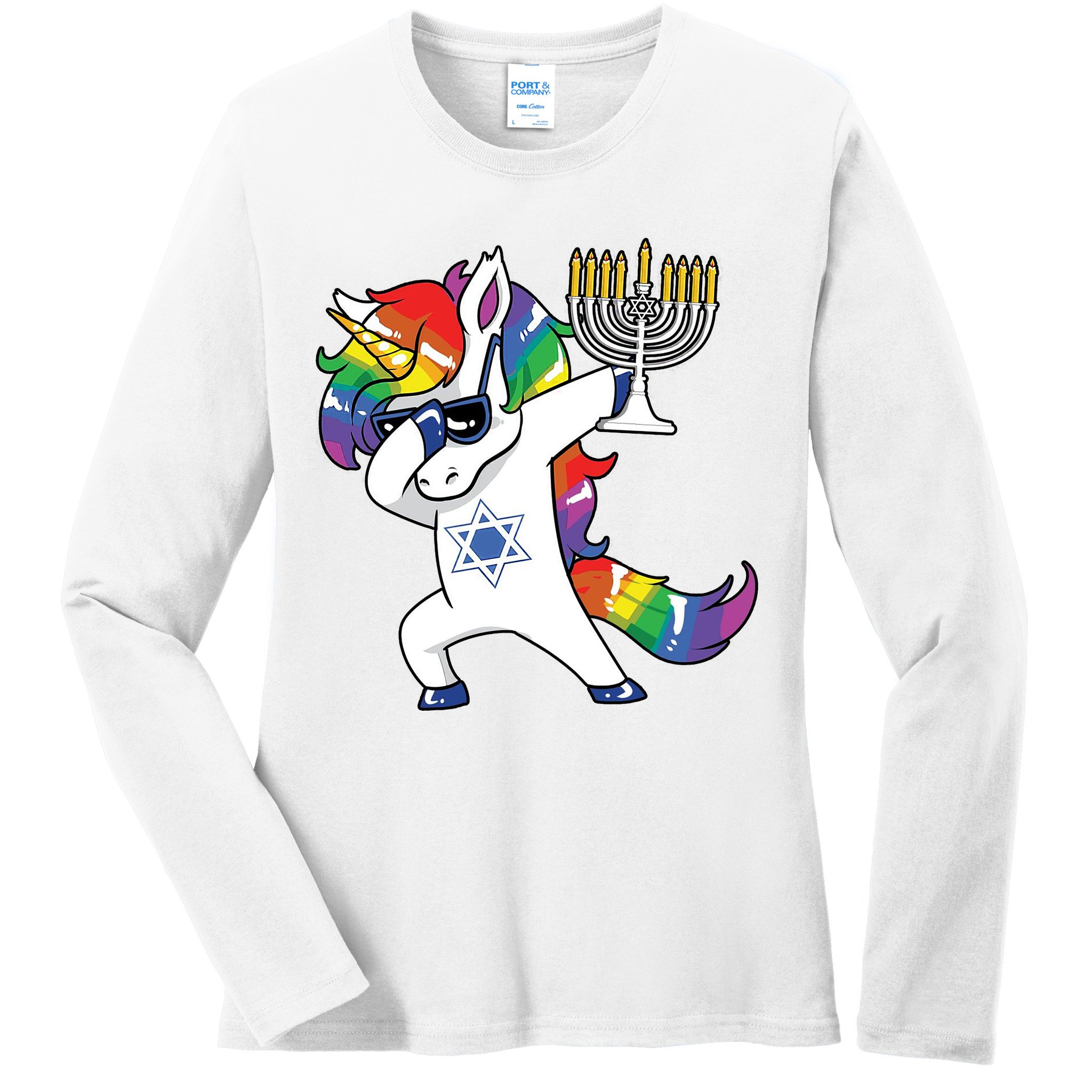 Jewnicorn Funny Hanukkah Unicorn Dabbing Unicorn Ladies Long Sleeve Shirt