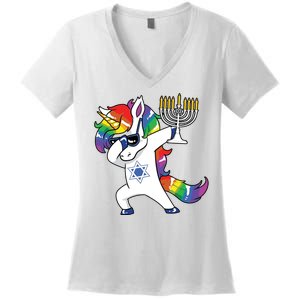 Jewnicorn Funny Hanukkah Unicorn Dabbing Unicorn Women's V-Neck T-Shirt