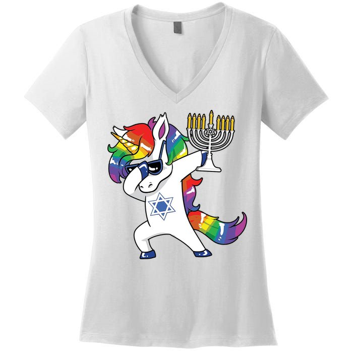 Jewnicorn Funny Hanukkah Unicorn Dabbing Unicorn Women's V-Neck T-Shirt