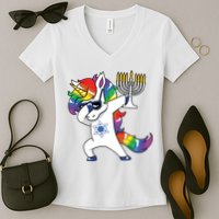 Jewnicorn Funny Hanukkah Unicorn Dabbing Unicorn Women's V-Neck T-Shirt