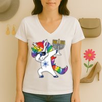 Jewnicorn Funny Hanukkah Unicorn Dabbing Unicorn Women's V-Neck T-Shirt