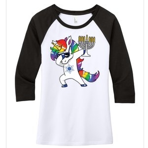 Jewnicorn Funny Hanukkah Unicorn Dabbing Unicorn Women's Tri-Blend 3/4-Sleeve Raglan Shirt