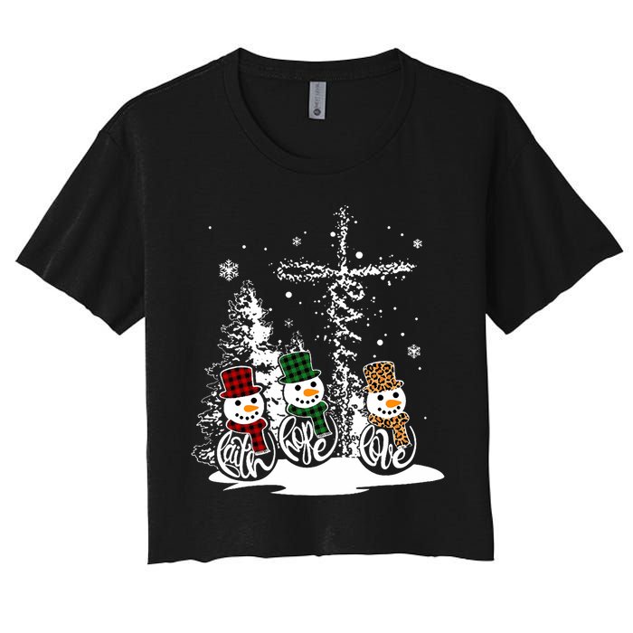 Jesus Faith Hope Love Snowman Funny Merry Xmas For Christian Women's Crop Top Tee