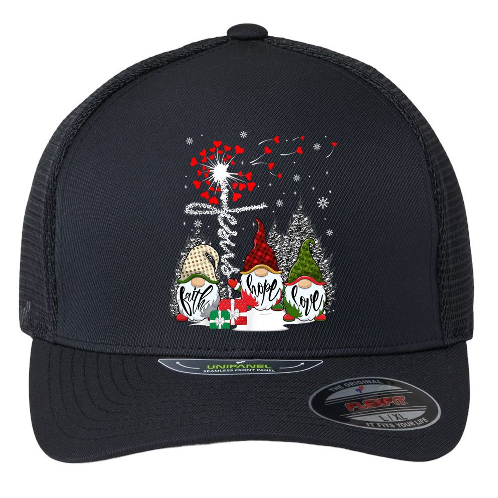 Jesus Faith Hope Love Xmas Christian Gnomes Dandelion Cool Gift Flexfit Unipanel Trucker Cap